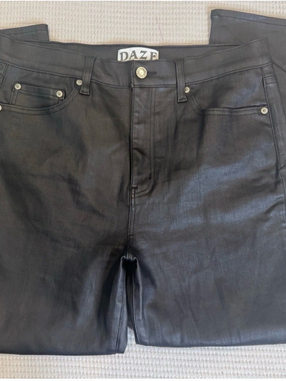 DAZE Daily Driver Coated Black Straight Jeans 32 Faux Leather Look Waxed EUC